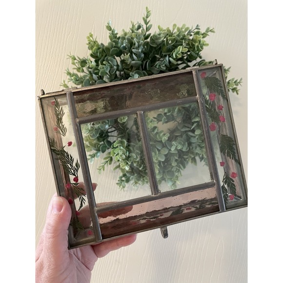 The Unbranded Brand Other - VTG Hinged Lid Glass Trinket Box Dried Flowers Double Picture Frame Cottagecore